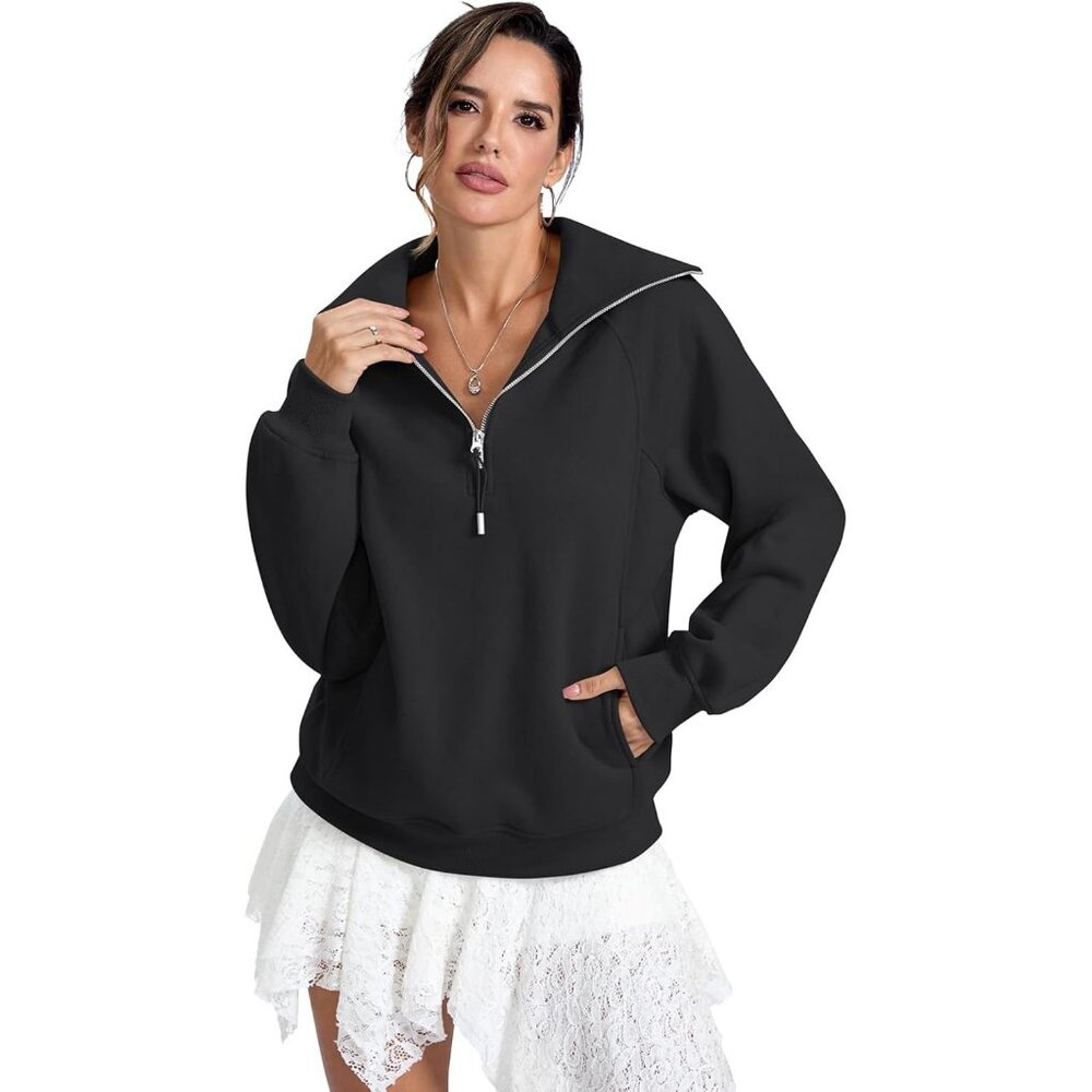 Women's Fleece Lined Zip Pocket Long Sleeve Sweatshirts Hoodies Tops Black - Picture 3 of 7